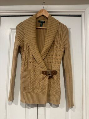 Ralph Lauren Tan Cable Knit Shawl-Collar Cardigan with Buckle